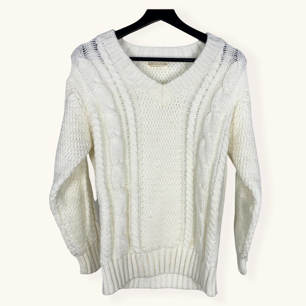 Vintage 90s Off White Cable Knit V Neck Sweater Medium